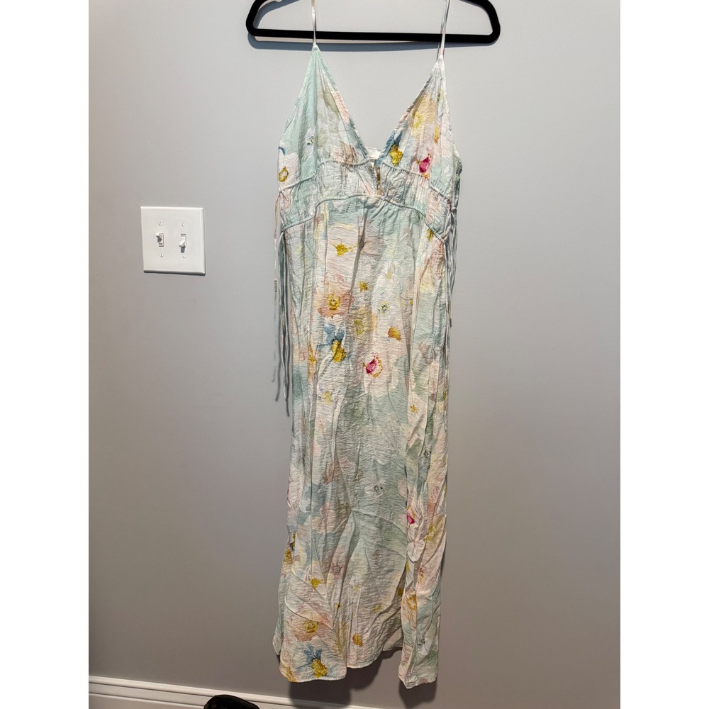 HM Floral Maxi Dress Small Blue Watercolor Crinkle Spaghetti Strap V-Neck Tie